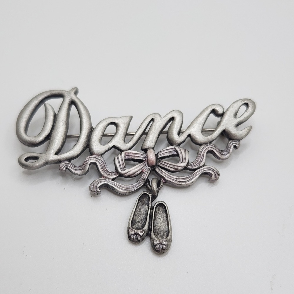 Vintage Dance Brooch JJ Jonette Pewter Pin Dangle Ballet Slippers Shoes Bow
